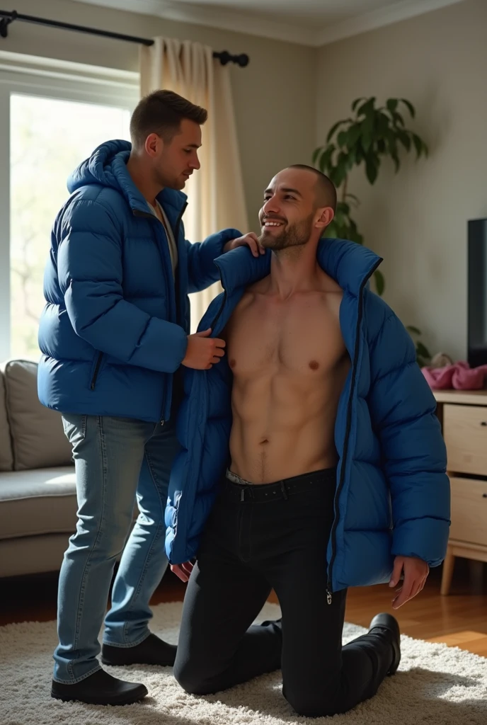 Create a hyper-realistic, high-resolution image showing two extremely handsome and seductive two males man together in a brightly lit living room. The wonderful and seductive uncle, aged 42, with short hair beginning to show signs of balding, is wearing dark pants and an open, *extremely shiny blue nylon puffer jacket* that exposes his slightly hairy chest and slightly prominent belly. He is kneeling on the floor, *wearing a collar around his neck*, being pulled by his gorgeous dominnering nephew, a 26 yo man with a naturally attractive physique, dressed in a formal shirt and casual pants, stands next to his wonderful submissive uncle. (((The *nephew pulls the collar with a confident and authoritative expression*, while the uncle, *kneeling*, looks up with a submissive expression))). The living room is natural high iluminate, with normal, comfortable decor that enhances the realism of the scene. The image should capture every detail with precision, emphasizing the interaction and contrast of roles between the two men with natural high ilumination highliging the realistic males man. High resolution, Super detail, Best quality, Anatomically correct, Accurate.