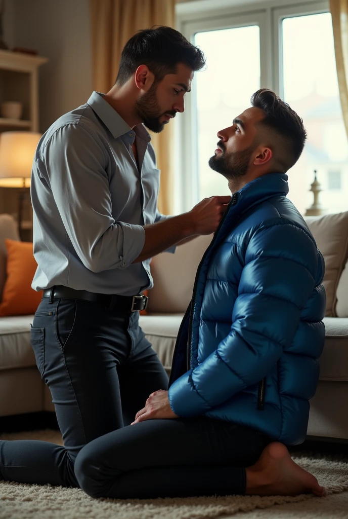 Create a hyper-realistic, males gay man BDSM image, high-resolution image showing two extremely seductive and handsome two males man together in a brightly lit living room. The wonderful and seductive uncle, aged 42, with short hair beginning to show signs of balding, is wearing dark pants and an open, *extremely shiny blue nylon puffer jacket* that exposes his slightly hairy chest and slightly prominent belly. He is kneeling on the floor, *wearing a collar around his neck*, being pulled by his gorgeous dominnering nephew, a 26 yo man with a naturally attractive physique, dressed in a formal shirt and casual pants, stands next to his wonderful submissive uncle. (((The *nephew pulls the collar with a confident and authoritative expression*, while the uncle, *kneeling*, looks up with a submissive expression))). The living room is natural high iluminate, with normal, comfortable decor that enhances the realism of the scene. The image should capture every detail with precision, emphasizing the interaction and contrast of roles between the two men with natural high ilumination highliging the realistic gay males man BDSM image. High resolution, Super detail, Best quality, Anatomically correct, Accurate.