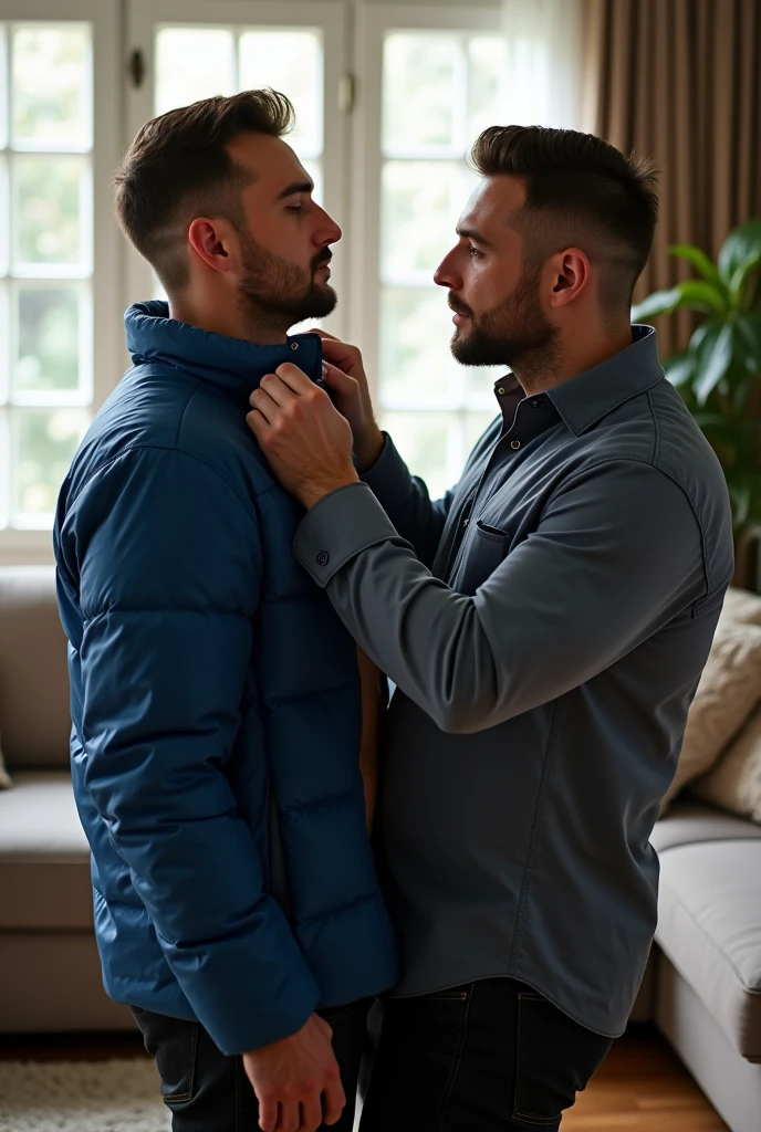 Create a hyper-realistic, males gay man BDSM image, high-resolution image showing two extremely seductive and handsome two males man together in a brightly lit living room. The wonderful and seductive uncle, aged 42, with short hair beginning to show signs of balding, is wearing dark pants and an open, *extremely shiny blue nylon puffer jacket* that exposes his slightly hairy chest and slightly prominent belly. He is kneeling on the floor, *wearing a collar around his neck*, being pulled by his gorgeous dominnering nephew, a 26 yo man with a naturally attractive physique, dressed in a formal shirt and casual pants, stands next to his wonderful submissive uncle. (((The *nephew pulls the collar with a confident and authoritative expression*, while the uncle, *kneeling*, looks up with a submissive expression))). The living room is natural high iluminate, with normal, comfortable decor that enhances the realism of the scene. The image should capture every detail with precision, emphasizing the interaction and contrast of roles between the two men with natural high ilumination highliging the realistic gay males man BDSM image. High resolution, Super detail, Best quality, Anatomically correct, Accurate.