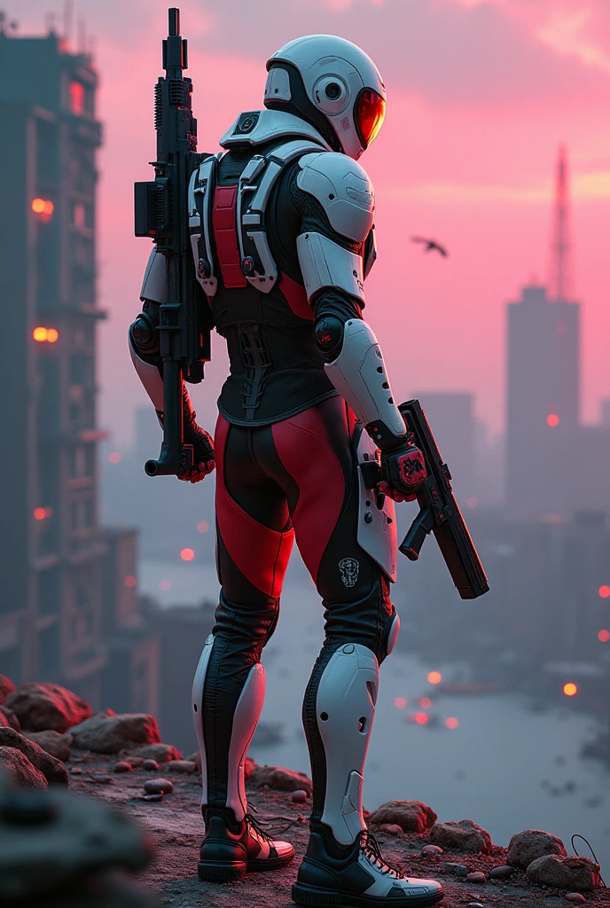 MAN WEARING WHITE AND BLACK Iron shoot , holding mordern weapon standing at road in cyber junk City at night red , standing on the top of building , red colour body Armor 