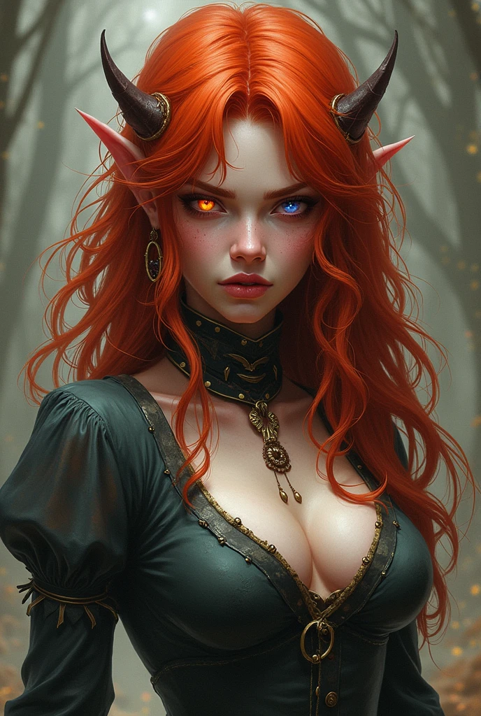 Femme de l'univers donjons et dragons. Apparence sauvage. Un peu sale. Cheveux roux. Yeux vairrons de couleur rouge et violet. Collier avec une bague autour du cou. Regard déterminé un peu en colère. Habillée en servante.
Pas de décolleté.
Petites oreilles cachées par les cheveux, pas pointue.