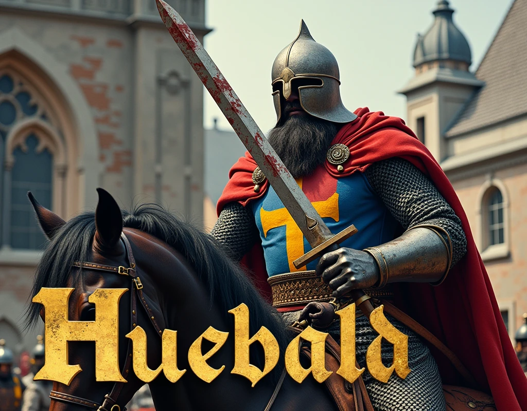 A poster depicting a rich heavy boar man brandishing a two handed sword, wearing medieval battered chain mail, luxury ornaments, with precious stones, helmet, very battle-damaged, blue and red coat of arms with thin vertical yellow sword painted upwards. damaged by fighting, covered by blood. He's on horse, front a chapel, has a strong strabism, gold puch belt. with (the words "Huebald" written in large golden letters in the foreground).