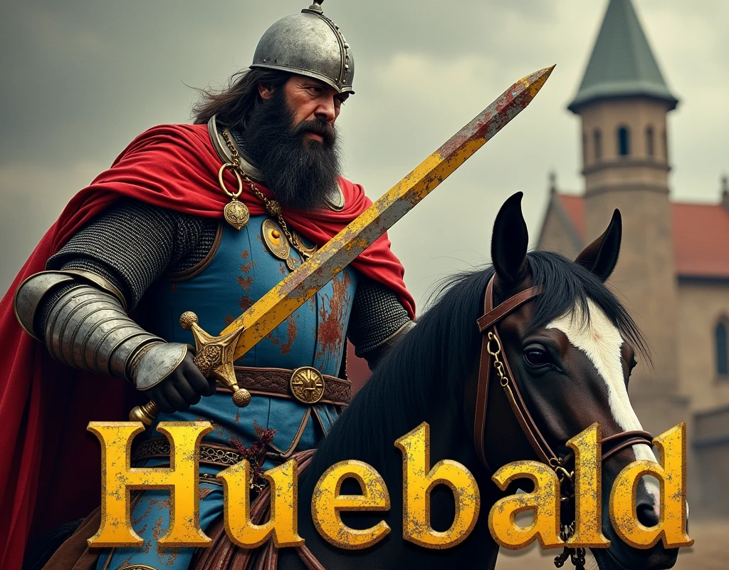 A poster depicting a rich heavy boar man brandishing a two handed sword, wearing medieval battered chain mail, luxury ornaments, with precious stones, helmet, very battle-damaged, blue and red coat of arms with thin vertical yellow sword painted upwards. damaged by fighting, covered by blood. He's on horse, front a chapel, has a strong strabism, gold puch belt. with (the words "Huebald" written in large golden letters in the foreground).
