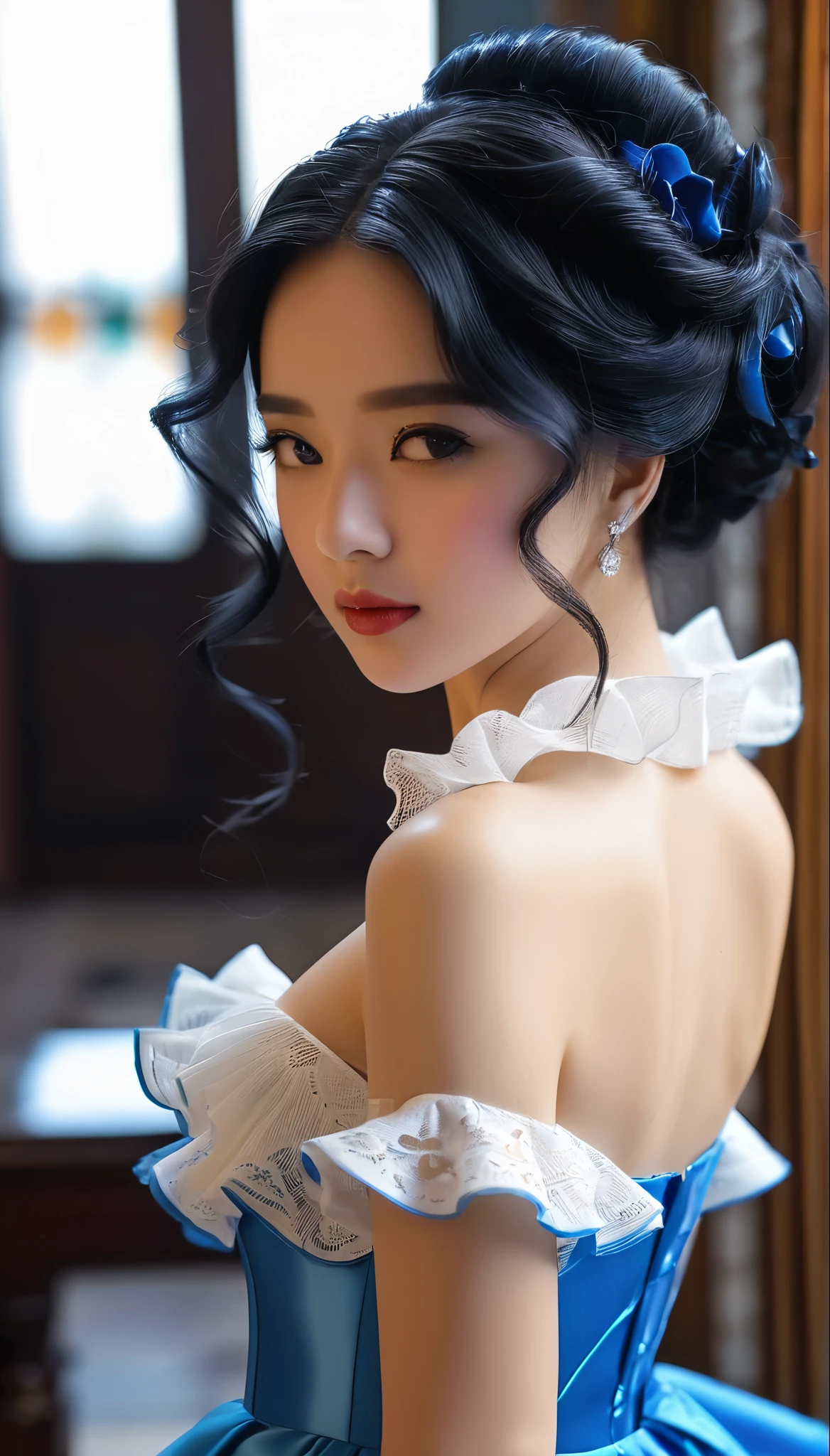 highly detailed, 8k, masterpiece, a girl, blue ruffles_balck hair_tube, gown, bend_that's all , grin, (perfection_face), meeting, machine, Glittering, complex, dramatic lighing, 4K, detailed_backdrop, Etchant, full_Body, (surreal:1.3), bloom,(beautiful lighting:1.3), Etchant, dynamic lighting, beautiful lighting, (Dakota Fanning:0.5) High resolution, masterpiece, anatomically correct, best quality, uhd, super detailed, textured skin, Kurzes balck hair, big boobs, open mouth, smile, full body photography, full body shot,