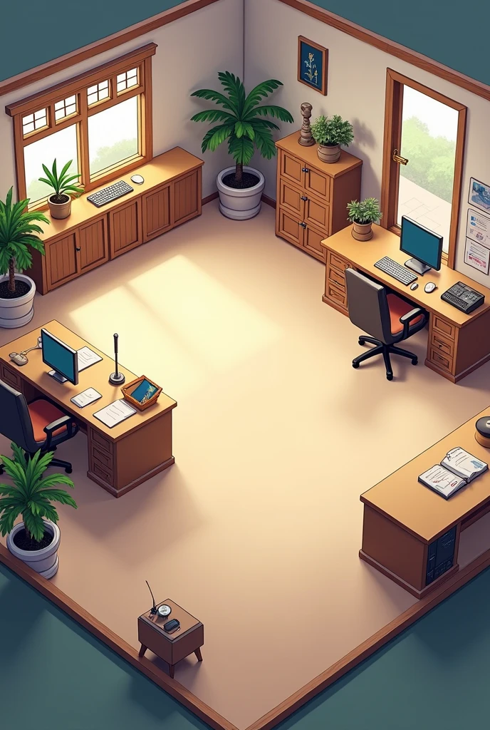 inside view of a spacious village office with officer cabin,visitors seats and main desk 