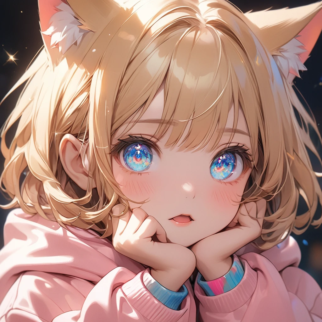 ((masterpiece)), ((Highest quality)), (Super Detail:1.2), (High resolution:1.3), ((Very detailed)), (8k), (Professional photography:1.2), (so beautiful:1.2), (Absurd:1.2), (Sharp focus), (Perfect light), (Cast a Shadow), (()), cute young Girl, Shiny straight hair, (Loose bangs), Blonde Hair, ((Short Hair)), Cat ears of the same color as the hair, Highlighted Hair, ((Face with raised eyebrows)), (Sparkling Eyes), Short Hair, Big eyes, Bright blue eyes, (Beautiful jewel-like eyes), blush, ((Triangular mouth)), (cute cheeks), Glossy Lips, Pouting, Sagging under the eyes, (Lower eyelashes), break, ((Highest quality)), (Oversized loose pink hoodie), exposed left shoulder, ((Place both hands on cheeks)), (colorful), cute makeup, ((colorfulなパステルカラーの壁を背景に)), cute, (Beautiful lily painting), (Detailed Background:1.2), (up to date), Clear lines,Face close-up