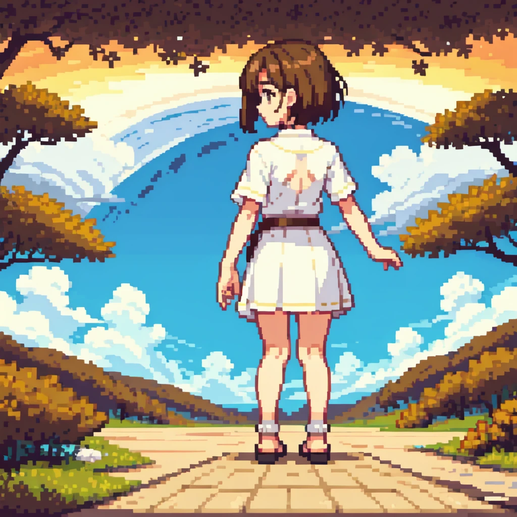 high angle, full body, back view, masterpiece, a girl. White Skirt。Sandals。Brown Hair