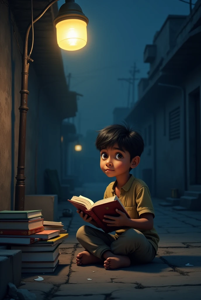 On a dark night, a poor Indian boy sits under a street lamp selling textbooks and school supplies, holding a book in his hand.