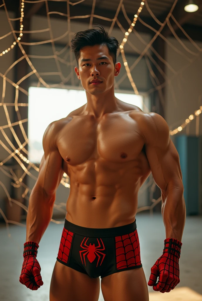 In the alluring picture is a handsome Korean man 3 with his fair and bright skin like a hero, the background is in a warehouse and bold, his charm radiates as he proudly shows off his six-pack abs and muscular arms in a fully standing pose. He is wearing sexy spider-patterned underwear and also uses spider-patterned gloves and socks, which highlight his body shape, He stands in the middle of a giant spider web of his own creation, surrounded by a large spider web behind him, Bathed in the golden light of a beautiful day. With unmatched attention to detail., This photorealistic portrait combines Superhero style., Capture every detail of his textured skin in 8k resolution. Leica digital SLR camera. His features are clearly visible., From his deep-set eagle-like eyes to his sculpted jaw., Make this image a true masterpiece.. Lift. (8K UHD、RAW Photography、Leica Digital SLR Photorealistic Portrait、Realistic image), big bulge