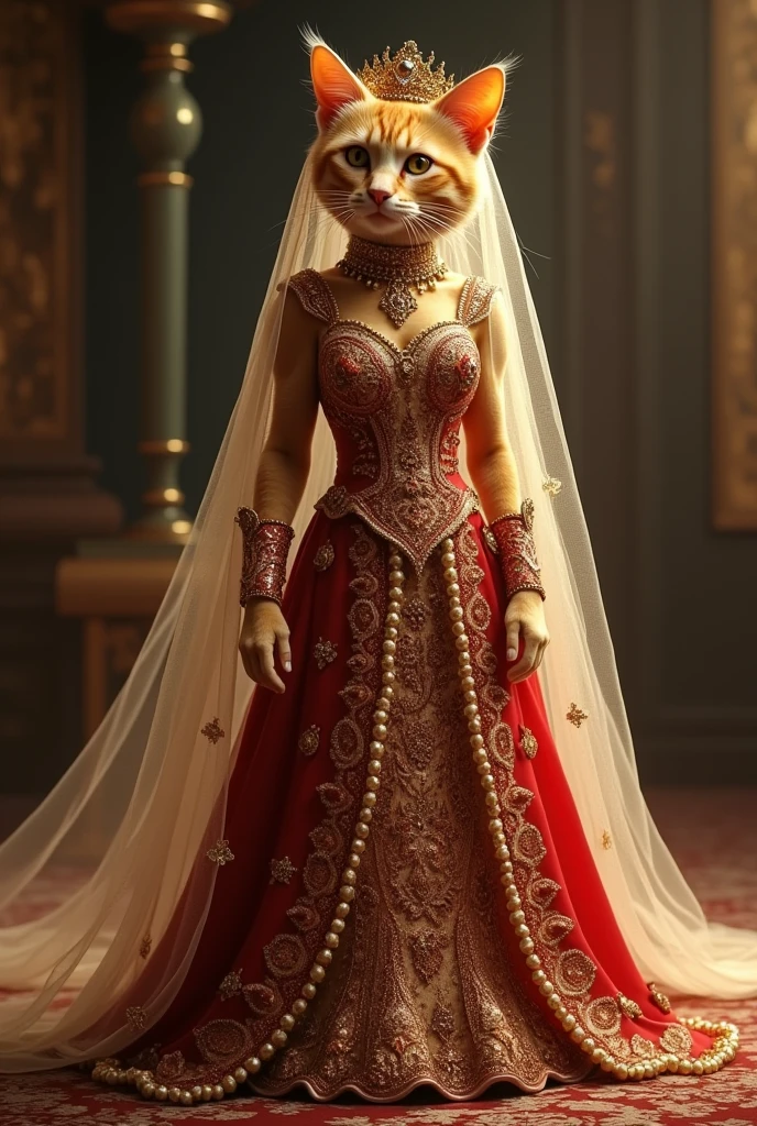 A majestic Golden sleek cat dressed in an elaborate Indian Red Ottoman bridal gown, adorned with gold embroidery, a flowing veil, and a jeweled tiara. The cat walks on two legs with regal grace, reflecting the opulence of the attire.