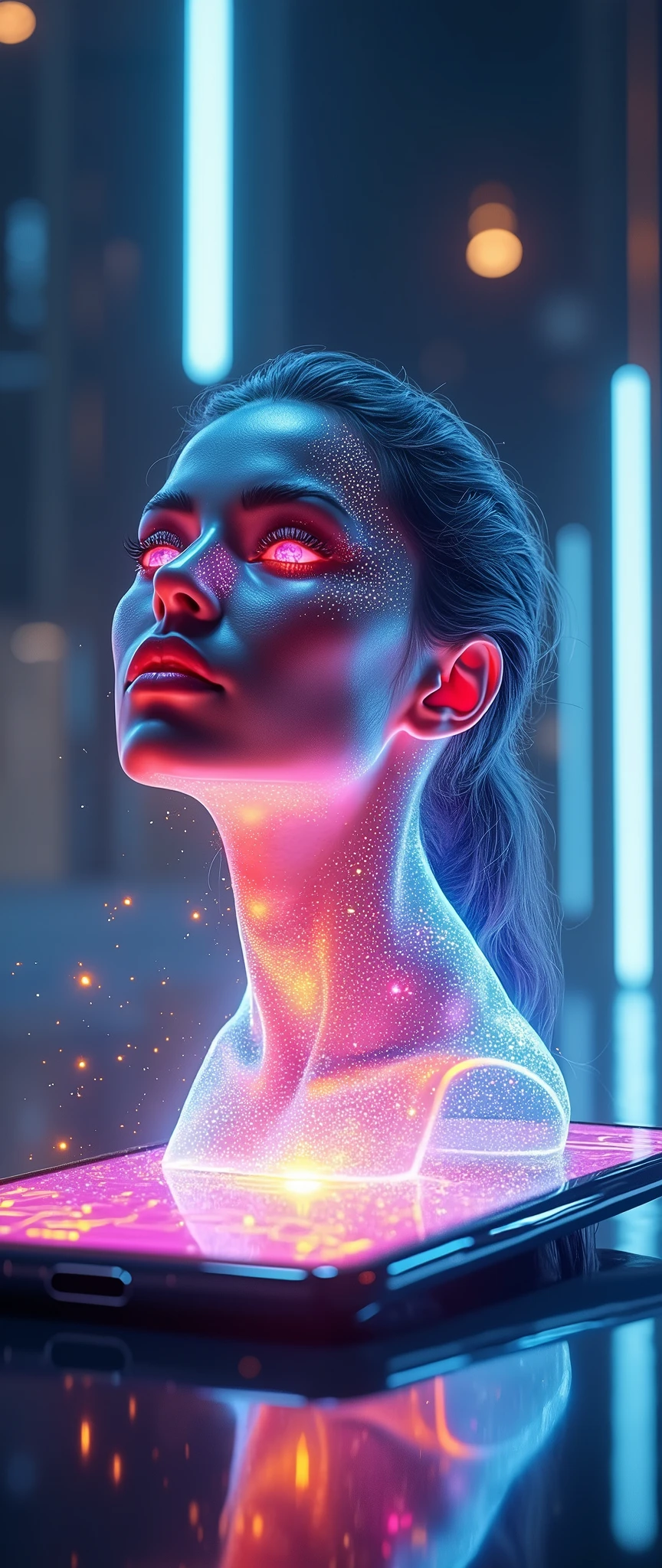 (masterpiece:1.2,Exceptional Quality,mirror-like,Cinematic Experience,Photorealistic:2.0,RAW Photos:2.0),8k,wallpaper,(A beautiful holographic woman in seven colors pops out of the smartphone screen:2.0),(Futuristic smartphone advertising image:2.0),(dynamic:2.0),(Black background:Mirrored Room 2.0)
