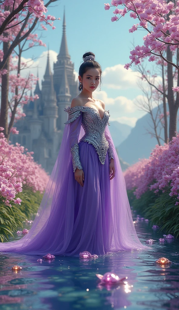 Wide angle view,Picture of a young Thai woman wearing an ancient purple dress, covered with a silver armor, sparkling eyes with sparkling diamonds, the most beautiful clear water surface decorated with beautiful precious gems, the background is a forest of orchids.,clear sky,There is a beautiful and elegant castle.,,Wide angle view,3d oil paint,Realistic,Detailed work, sharp images,bright colors,Masterpiece,symmetrical,