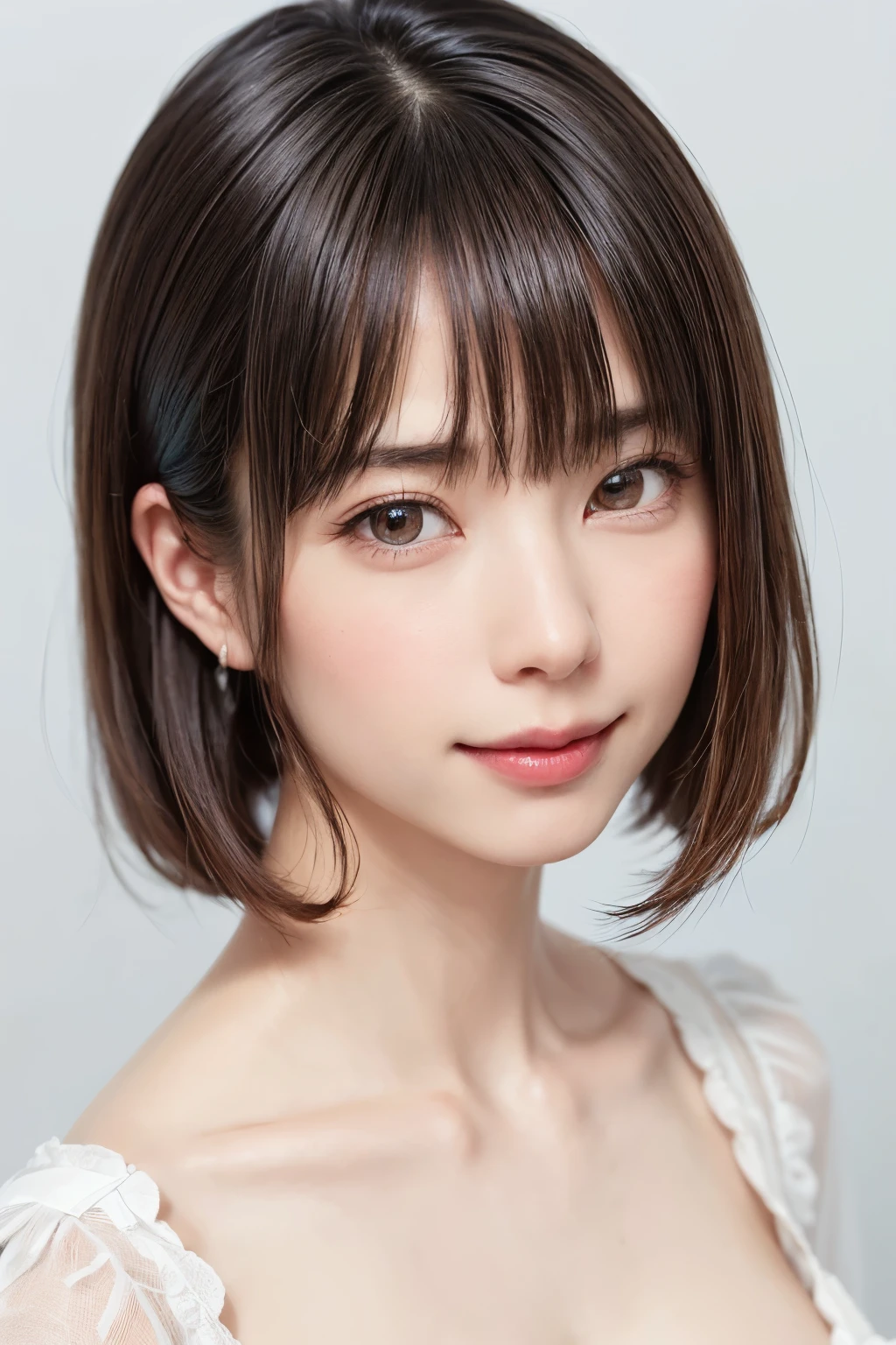 (software:1.8、masterpiece, Highest quality),1 person, alone, hyper Realistic, Realistic,Realistic, Looking at the audience, Light brown eyes:1.4,Brunette Short Bob Hair with highly detailed shiny hair, Brightly colored winter clothes, Lepangas:1.4), Outdoor, Mouth closed, Upper Body、big chest eye、eyelash、{Hugeな|big chest|Hugeなな|Mega} whole :2, chestの谷間:2、(((big chest eye、Short Bob Hair、Highlights from Students、Looking at the audience、She is very beautiful and cute、Show me your ears、Long neck、smile、Close your mouth and smile、Bangs and beautiful teeth)))、Ideal body type、（Nothing is drawn、A very beautiful pure white background:1.6）、美しいLong neck:1.4、(({Huge|big|Hugeな|Mega} chest, chestの谷間:2、Upper Bodyは服を着ていない:1.6))、(((Portraiture:2)))、Perfect ???????