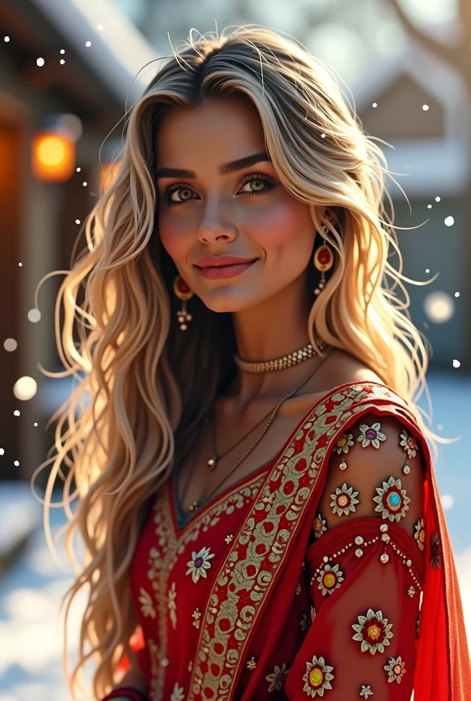 lovely cute young attractive indian girl, brown eyes, gorgeous actress, 2, cute, an Instagram model, long blonde_hair, colorful hair, winter , Indian, wearing salwar-kameez and dupatta