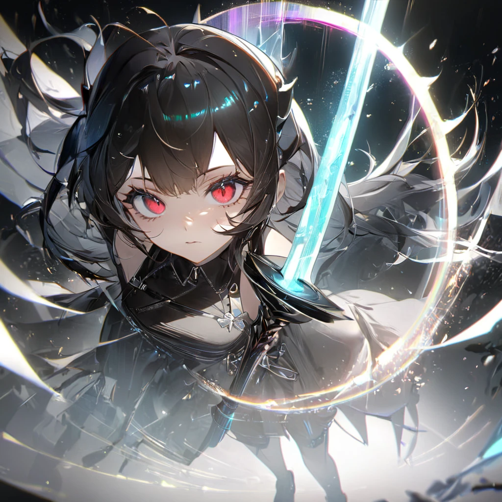 Highest quality, wonderful_delicate, wonderful delicate eyes, Super detailed, beautiful, 8k , One girl, Red eyes, evil, Facial Contour, Create Ultra High Resolution, Masterpiece quality image with white theme, Featuring a cute anime girl with long black hair in a cool pose, Attack with a high-tech sword. In this scene、A number of holographic swords appear to be floating in a circle..。, Each one has countless intricate parts, Set in a predominantly white cyberpunk environment. The scene is enriched with holographic elements and light particles.., Emphasizing futuristic and fantastical aesthetics. The image is、Capturing the essence of purity and sophistication with the finest quality and beauty, An ultra-detailed display of a girl and her holographic sword, Super-resolution visuals that highlight the intricate details of a scene.