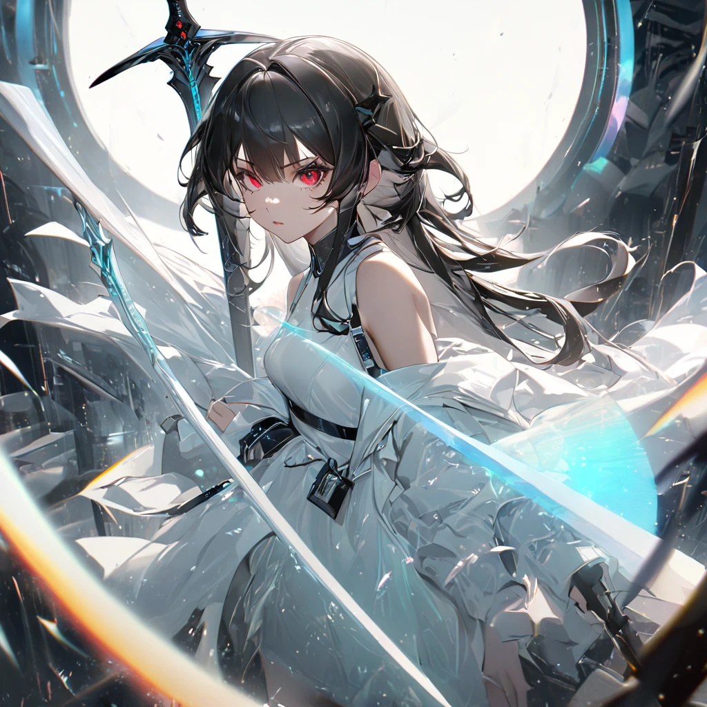 Highest quality, wonderful_delicate, wonderful delicate eyes, Super detailed, beautiful, 8k , One girl, Red eyes, evil, Facial Contour, Create Ultra High Resolution, Masterpiece quality image with white theme, Featuring a cute anime girl with long black hair in a cool pose, Attack with a high-tech sword. In this scene、A number of holographic swords appear to be floating in a circle..。, Each one has countless intricate parts, Set in a predominantly white cyberpunk environment. The scene is enriched with holographic elements and light particles.., Emphasizing futuristic and fantastical aesthetics. The image is、Capturing the essence of purity and sophistication with the finest quality and beauty, An ultra-detailed display of a girl and her holographic sword, Super-resolution visuals that highlight the intricate details of a scene.