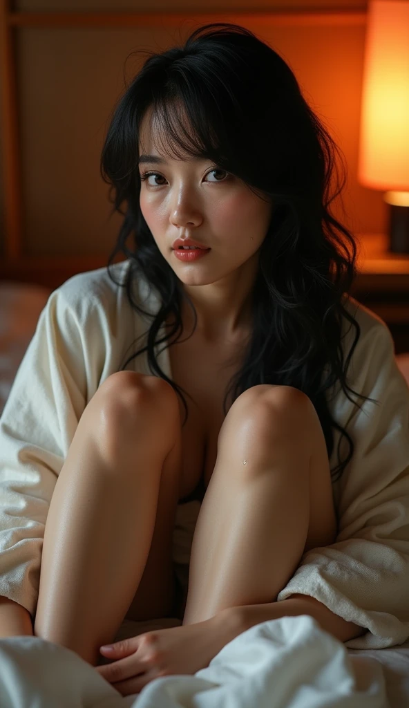 The back view of a beautiful woman in her 40s lying down in a Japanese yukata、Fair skin、Disheveled yukata、Sweating profusely、Pure white skin、Spread your legs、tall、profile、An almost see-through white yukata、On the tatami、Japanese-style room at night、blush、Half-open eyes、Half-open mouth、Long black hair、Blank Stare、The soft orange light of the lantern、M-shaped legs、