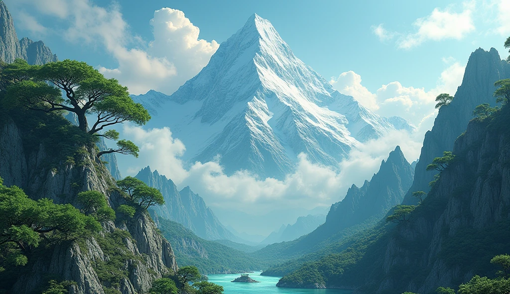 There is a high mountain,There are many jade stones on one side,There are many strange trees on the other side.(best quality,4K,8k,High level,masterpiece:1.2),Ultra Detailed,(lifelike,Photo real,Photo real:1.37)
