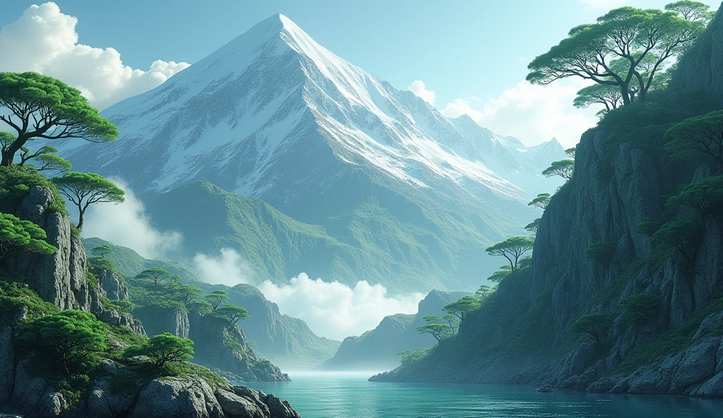 There is a high mountain,There are many jade stones on one side,There are many strange trees on the other side.(best quality,4K,8k,High level,masterpiece:1.2),Ultra Detailed,(lifelike,Photo real,Photo real:1.37)