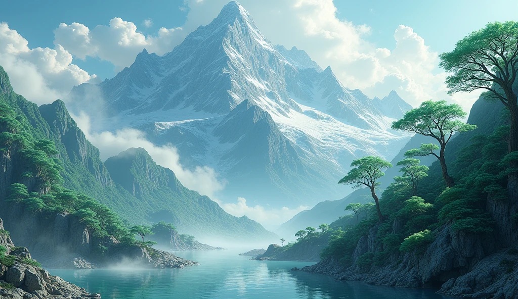 There is a high mountain,There are many jade stones on one side,There are many strange trees on the other side.(best quality,4K,8k,High level,masterpiece:1.2),Ultra Detailed,(lifelike,Photo real,Photo real:1.37)