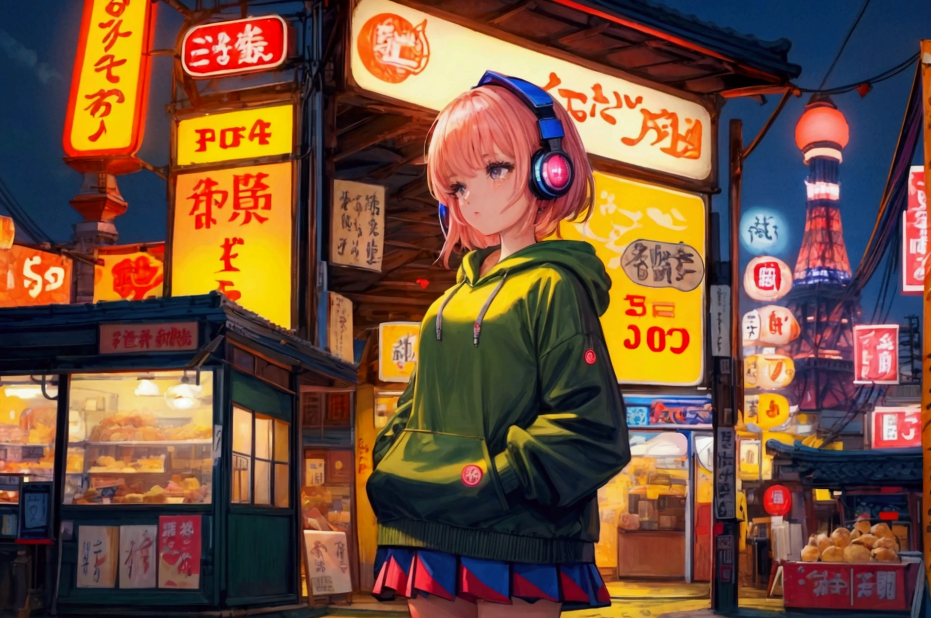 Highest quality, 4K wallpaper, masterpiece, Very detailed CG ユニティ 8k 壁紙, Very fine grain, Very detailed, Intricate details, One girl, Retro art style,Late night food stalls、Girl listening to music、Neon site light、Pop Art Style, Tokyo Tower、Girl wearing a hoodie、Girl with headphones around her neck、Wearing a skirt、Shortcuts、Chill、Chill、Emotional、emotional