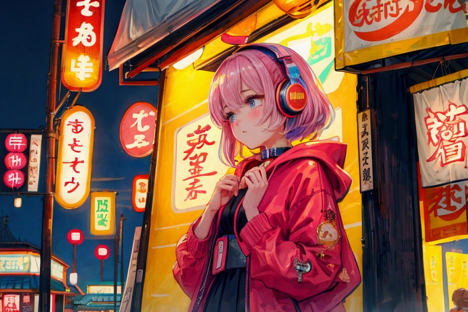 Highest quality, 4K wallpaper, masterpiece, Very detailed CG ユニティ 8k 壁紙, Very fine grain, Very detailed, Intricate details, One girl, Retro art style,Late night food stalls、Girl listening to music、Neon site light、Pop Art Style, Tokyo Tower、Girl wearing a hoodie、Girl with headphones around her neck、Wearing a skirt、Shortcuts、Chill、Chill、Emotional、emotional