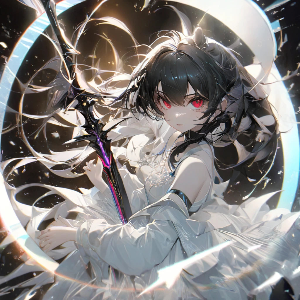 Highest quality, wonderful_delicate, wonderful delicate eyes, Super detailed, beautiful, 8k , One girl, Red eyes, evil, Facial Contour, Create Ultra High Resolution, Masterpiece quality image with white theme, Featuring a cute anime girl with long black hair in a cool pose, Attack with a high-tech sword. In this scene、A number of holographic swords appear to be floating in a circle..。, Each one has countless intricate parts, Set in a predominantly white cyberpunk environment. The scene is enriched with holographic elements and light particles.., Emphasizing futuristic and fantastical aesthetics. The image is、Capturing the essence of purity and sophistication with the finest quality and beauty, An ultra-detailed display of a girl and her holographic sword, Super-resolution visuals that highlight the intricate details of a scene.