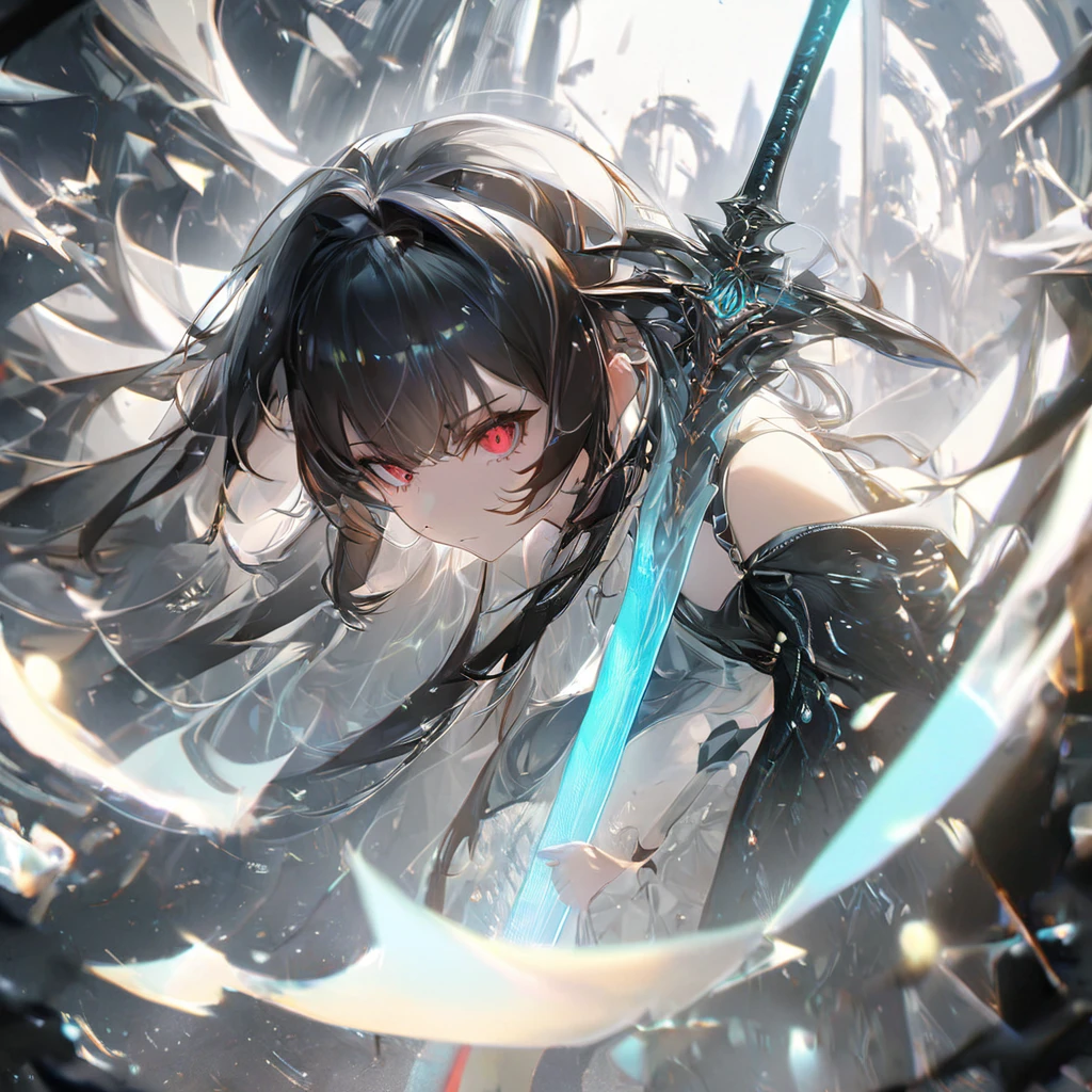 Highest quality, wonderful_delicate, wonderful delicate eyes, Super detailed, beautiful, 8k , One girl, Red eyes, evil, Facial Contour, Create Ultra High Resolution, Masterpiece quality image with white theme, Featuring a cute anime girl with long black hair in a cool pose, Attack with a high-tech sword. In this scene、A number of holographic swords appear to be floating in a circle..。, Each one has countless intricate parts, Set in a predominantly white cyberpunk environment. The scene is enriched with holographic elements and light particles.., Emphasizing futuristic and fantastical aesthetics. The image is、Capturing the essence of purity and sophistication with the finest quality and beauty, An ultra-detailed display of a girl and her holographic sword, Super-resolution visuals that highlight the intricate details of a scene.