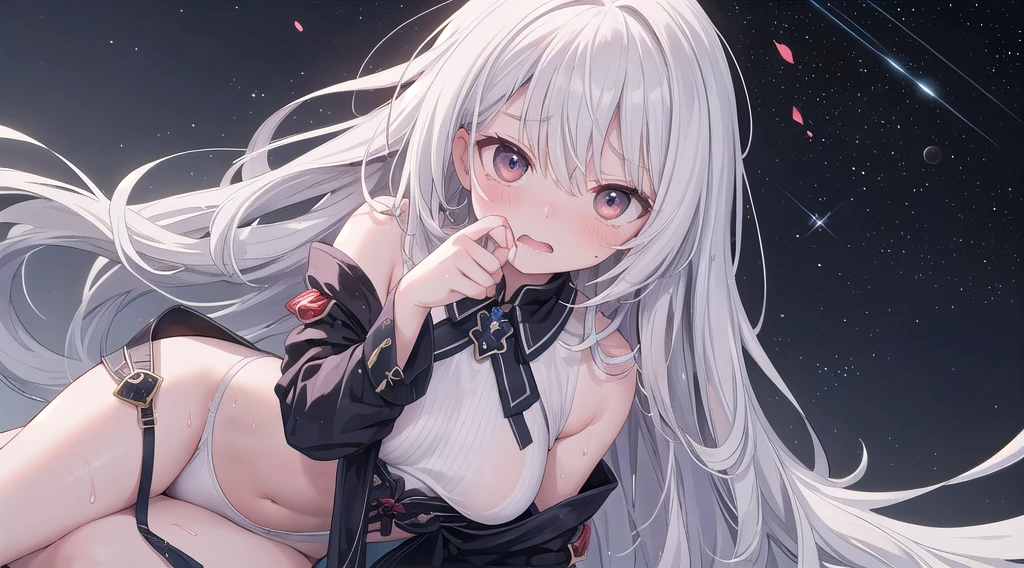((((Highest quality)))), (((masterpiece))), ((detailed)), (((solo))), ((((One shot of a tall adult woman)))), ((((A fantastical space characterized by pale colors))))), Sitting on the floor,(((((Red cheeks and nose, embarrassed expression))))), Wear an off-the-shoulder shirt, Beautiful Eyes, Beautiful whites of eyes, ((Wet Skin)), (Wet mouth), Wet clothes, ((((Open your mouth vertically)))), Look down, Close angle, Thin legs, Glossy white skin,Small breasts, Short Hair, (Laughing with mouth open 0,2), (((Get closer to the camera))), dramatic, adult, Broken seiza, Flowers on head, Big Mouth, Uplifting, ((((Thin thighs))))