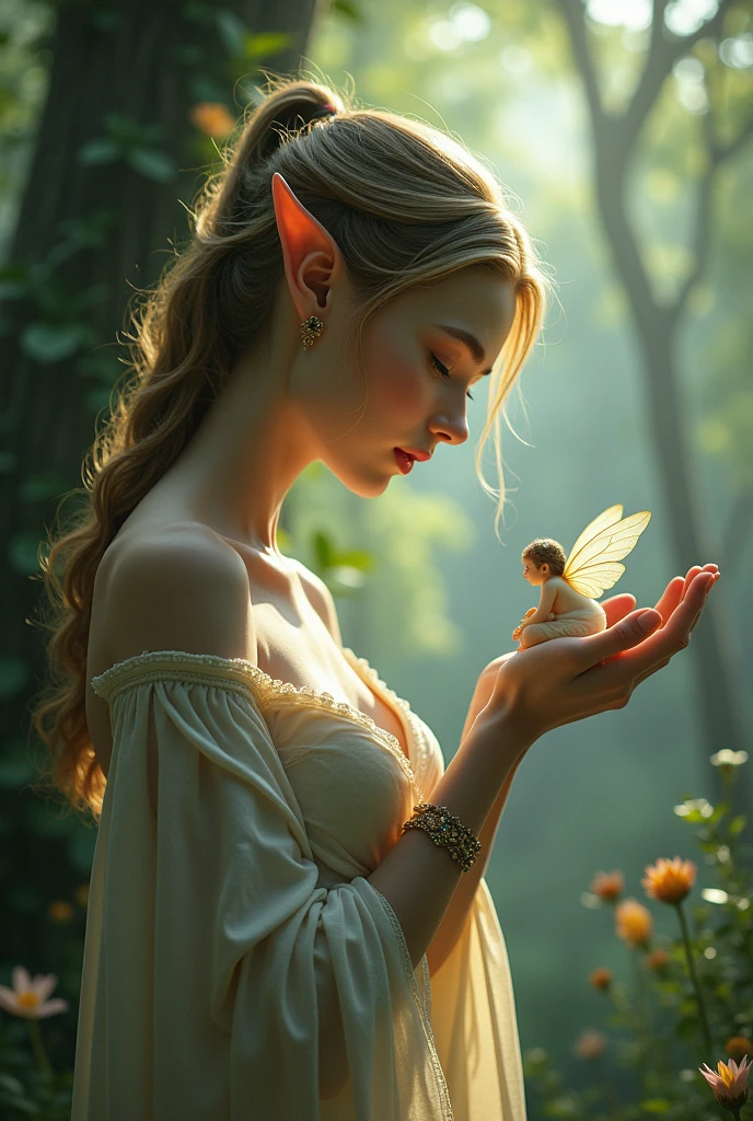 An elf woman holding a small fairy in her palm