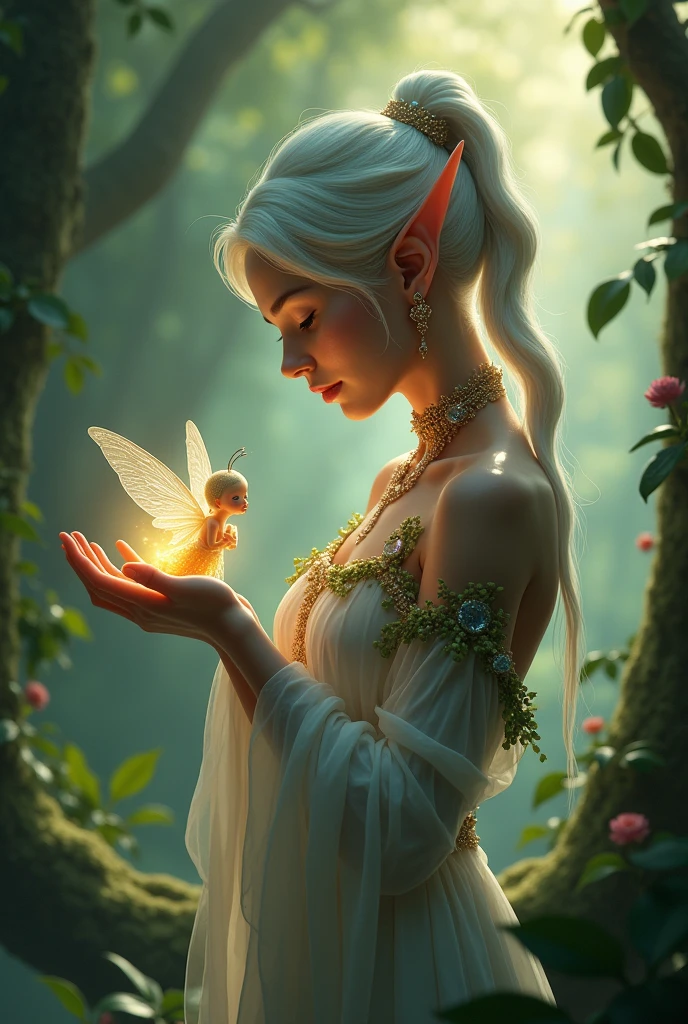 An elf woman holding a small fairy in her palm