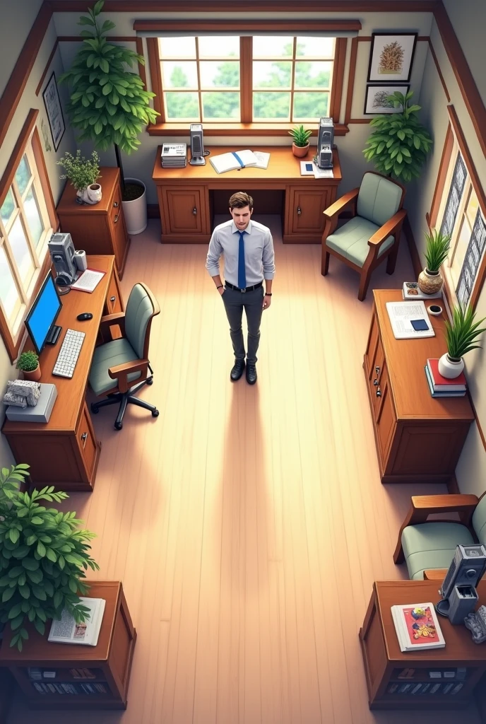 inside view of a spacious village office with officer cabin,visitors seats and main desk