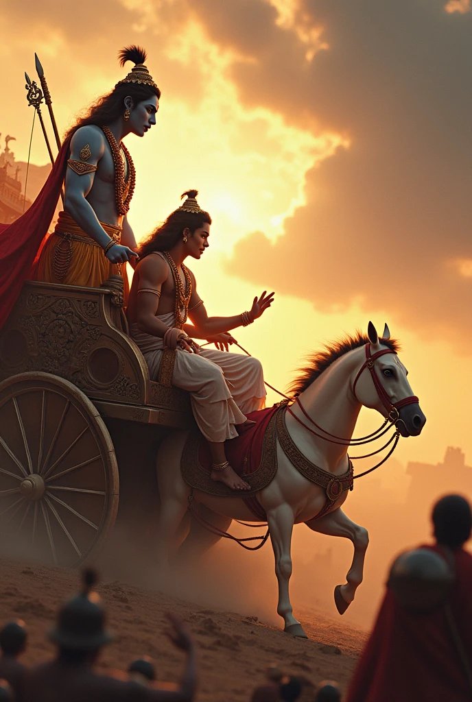 Lord krishna standing alongwith Arjun in battlefield and lecturing him , both are sitting on a chariot, both are of same height,krishna pointing his hands towards battle, both looking in same direction towards the battlefield, dynamic lighting, mythology imagination