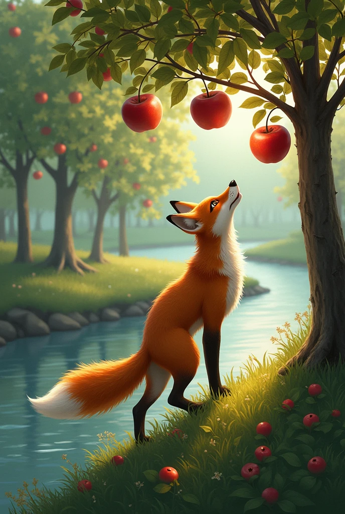 A fox eating apples in river side 