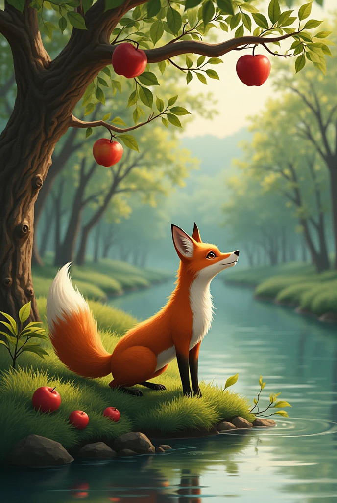 A fox eating apples in river side