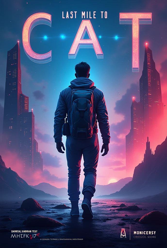 Make a sci-fi style poster for MBA preperation event titled "Last mile to CAT" with blue purple and red color scheme