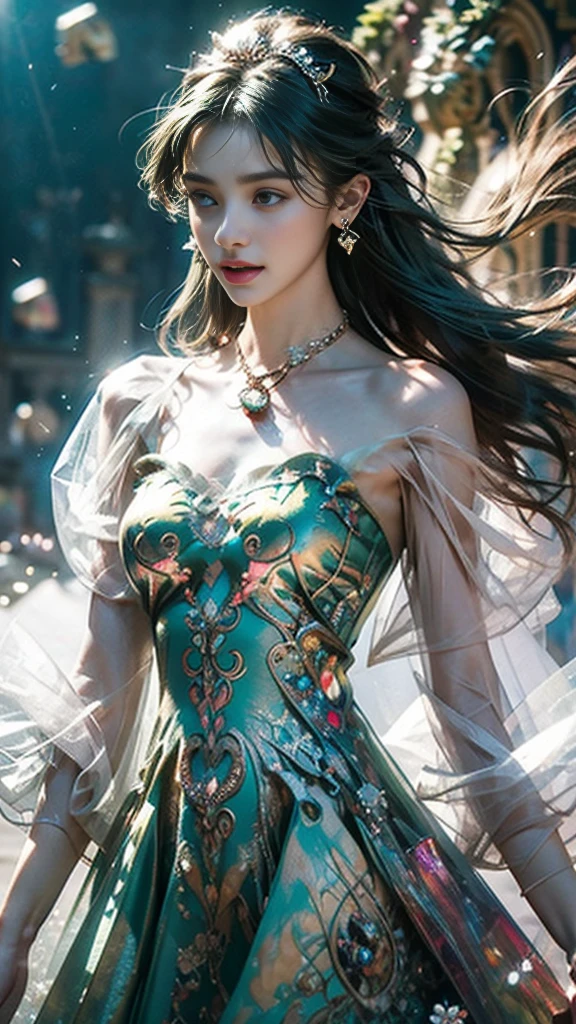 8K, ultra hd, masterpiece, 1 girl, (good face:1.4), detailed eyes, very long hair, impressive hairstyle, earings, necklace, small breasts, (green dress:1.5), see-through, (fantasy dress:1.5) Light-colored foundation brings out the transparency of the skin, (in the wonderland:1.5), mystery, diwali lights, glowing lights, very decoration, The lights falls like water, perfect body,
