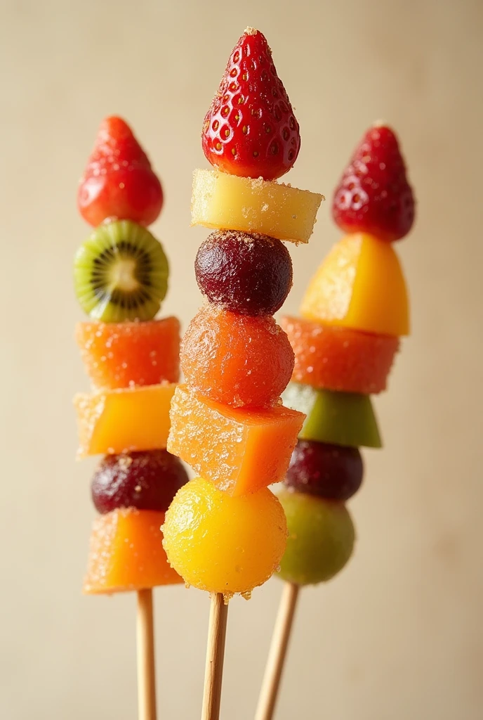 fruits like apple, strawberry, kiwi, mango, melon. Skewered on a stick and coated in a hard, caramelized sugar glaze. resulting in a crisp, crunchy shell.

