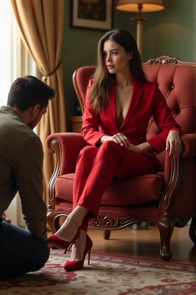 Create a 3D realistic image of a 2 rich girl sitting on a fancy chair in a beautiful living room wearing a Ted and red shirt pants, beautiful red high-heeled shoes. while a man sits on the ground at her feet and wipes her feet with his tongue. 