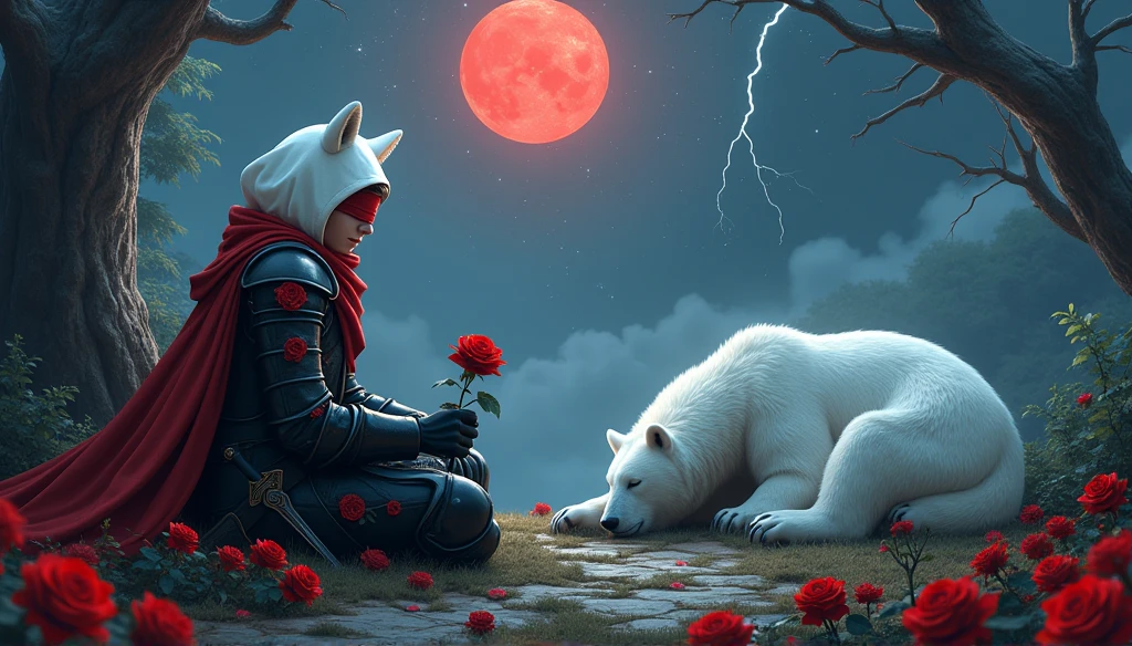 Male knight with a white hood with bear ears with sword behind his back sits on the ground towards a polar bear in a forest while the moon shines, many Roses cover the ground and lightning falls from the sky. The polar bear sleeps in front of the knight. Only the man wears a red blindfold. In the background of the picture is the blood moon and a tree has fallen down in the path. The forest is full of trees with leaves. The armor of the man is black and red roses decorate it. The knight holds his sword down in one hand and a rose in the other. The sky is full of stars. 
