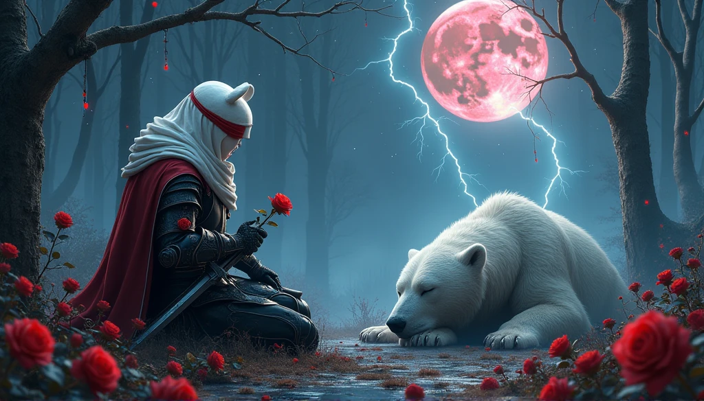 Male knight with a white hood with bear ears with sword behind his back sits on the ground towards a polar bear in a forest while the moon shines, many Roses cover the ground and lightning falls from the sky. The polar bear sleeps in front of the knight. Only the man wears a red blindfold. In the background of the picture is the blood moon and a tree has fallen down in the path. The forest is full of trees with leaves. The armor of the man is black and red roses decorate it. The knight holds his sword down in one hand and a rose in the other. The sky is full of stars.