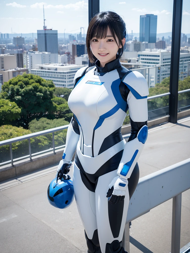 Japanese female android,Black Hair,White and blue robot suit,Plump,Looking out over the cityscape from the observation deck in the park,smile