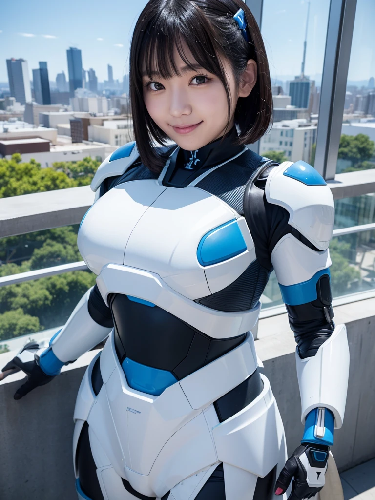 Japanese female android,Black Hair,White and blue robot suit,Plump,Looking out over the cityscape from the observation deck in the park,smile