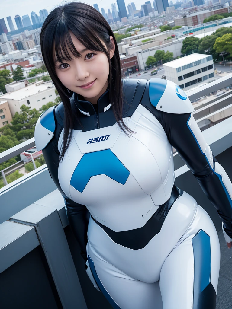 Japanese female android,Black Hair,White and blue robot suit,Plump,Looking out over the cityscape from the observation deck in the park,smile