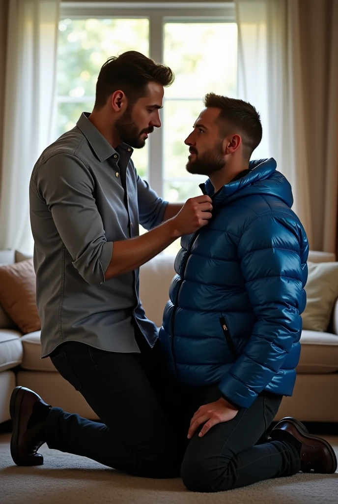 Violent BDSM with two visibly handsome and seductive macho gay men hyper-realistic, BDSM image, RAW, high resolution, high definition, high texture, showing two extremely seductive and handsome men together in a living room with high natural lighting. (((Wonderful and seductive uncle, 4, short hair with signs of initial baldness, wearing pants and an *extremely shiny blue nylon puffer jacket* open, exposing his hairy chest and slightly prominent belly. He is kneeling on the floor, *wearing a collar around his neck*, being pulled by the collar by his nephew, a very handsome and domineering man, 2, natural physique, dressed in a dress shirt and casual pants, next to his wonderful uncle submissive))). (((The *domineering nephew, with a maliciously authoritarian expression, pulls the leash of the collar attached to the submissive uncle's neck*, while the submissive uncle, *kneeling*, expresses that he is visibly humiliated))). High natural lighting, which enhances the realism of the BDSM image. The image must capture every detail accurately, emphasizing the BDSM interaction and the role contrast between the two men together (dominant nephew together with the submissive uncle), highlighting the realistic BDSM image with two handsome and seductive men together. Super details, best quality, anatomically correct, accurate.