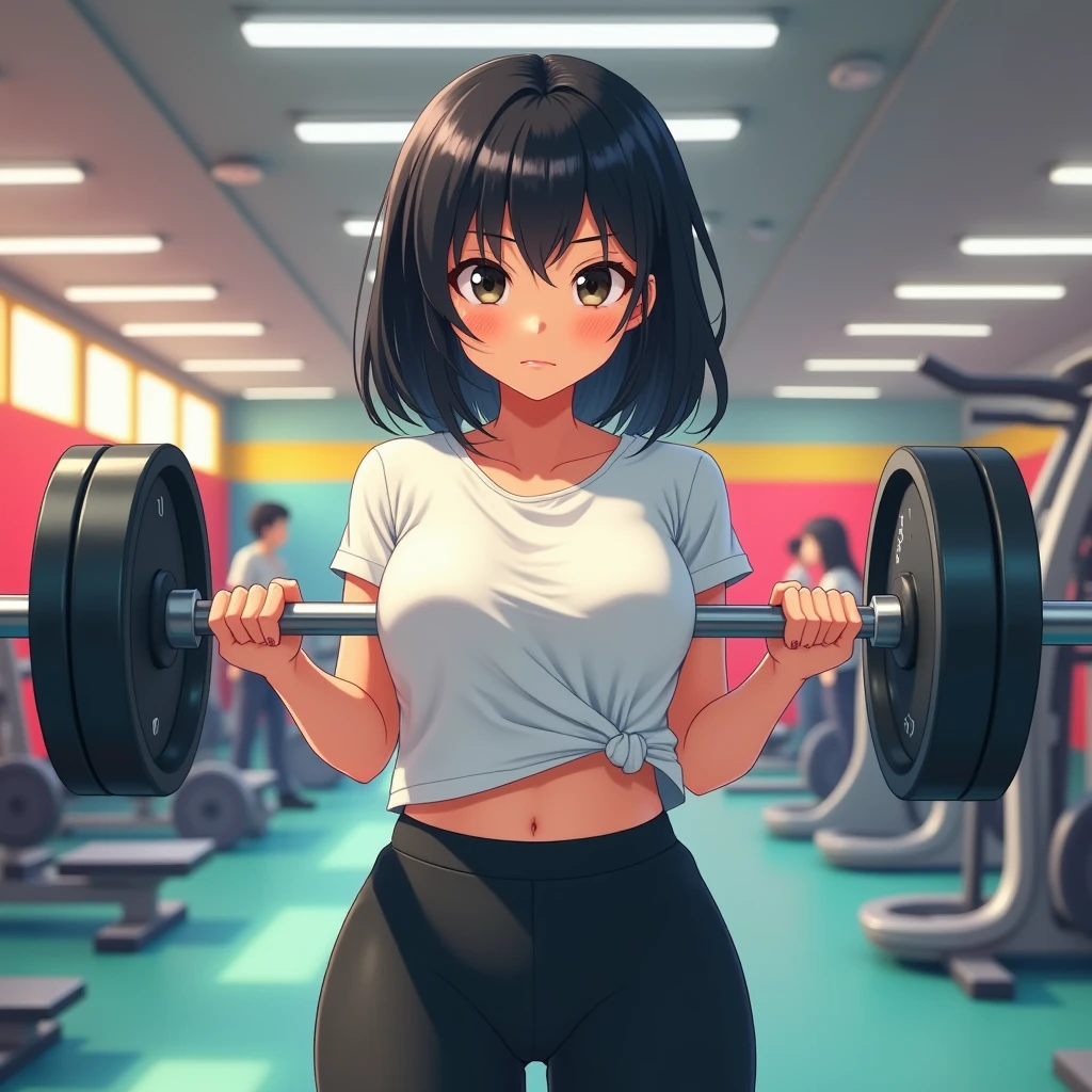 A overweight  Girl, black hair, white t-shirt, black legging, wear shoes, small breast, looking viewer, facing the viewer, hand lifting weights, trying to loose weight, back ground at many colored gym.