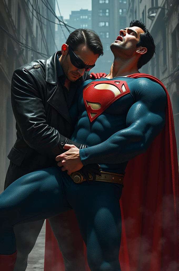 Superman held by a thief and another knees him in the balls