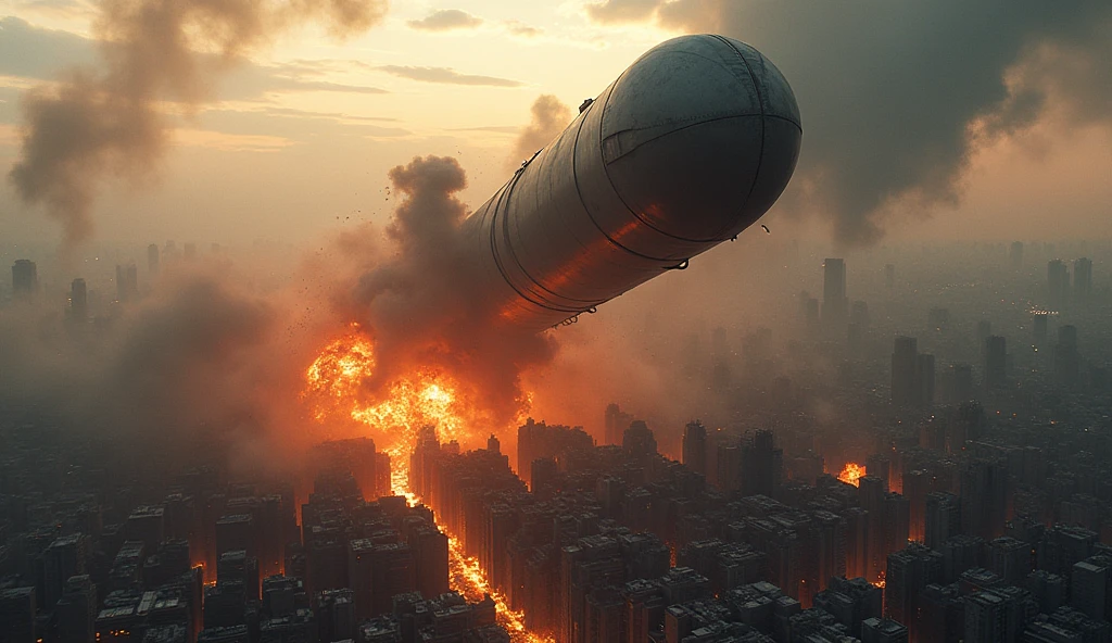 A massive bomb falling from the sky towards a city, view of the bomb's descent from a satellite perspective (top-down view), detailed apocalyptic cityscape, cinematic dramatic lighting, vibrant colors, highly detailed, 8k, photorealistic, hyper detailed, dramatic action scene, HDR, physically-based rendering, masterpiece