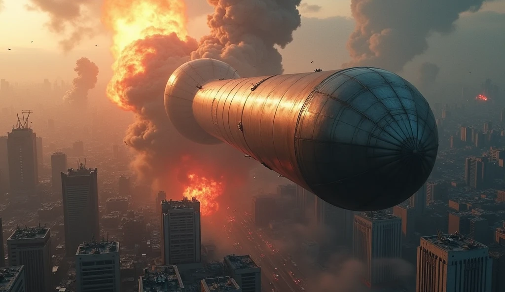 A massive bomb falling from the sky towards a city, view of the bomb's descent from a satellite perspective (top-down view), detailed apocalyptic cityscape, cinematic dramatic lighting, vibrant colors, highly detailed, 8k, photorealistic, hyper detailed, dramatic action scene, HDR, physically-based rendering, masterpiece