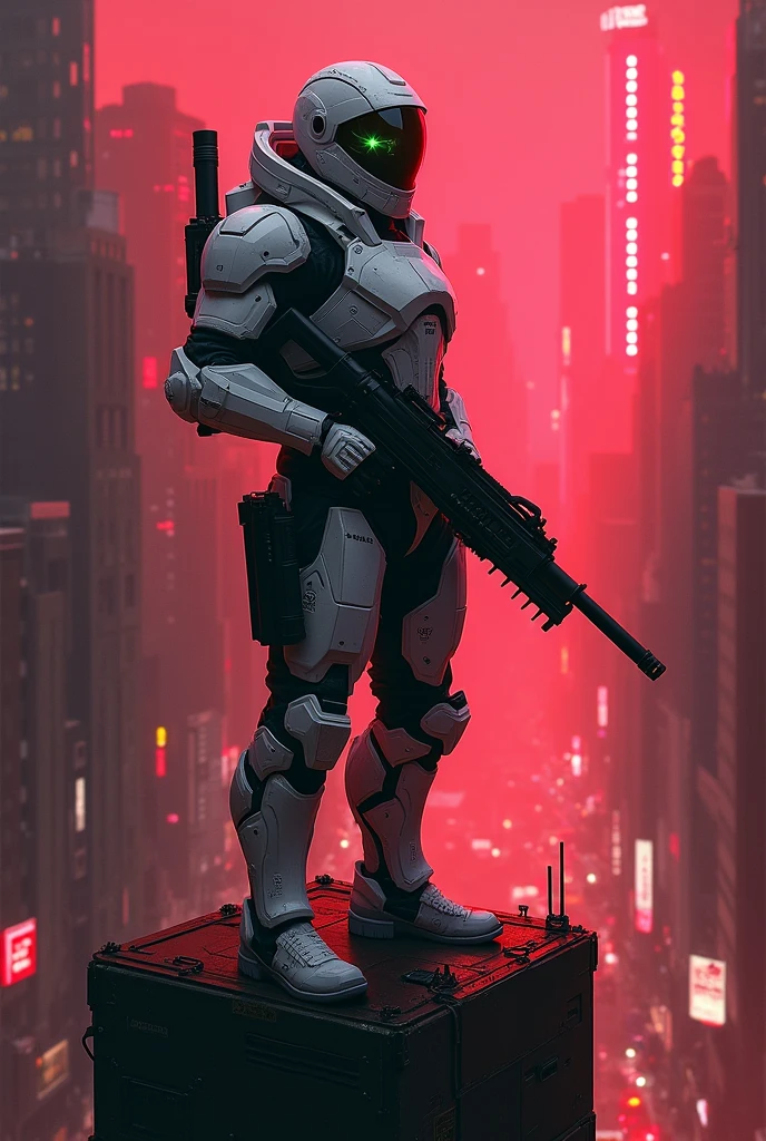 MAN WEARING WHITE AND BLACK Iron shoot , holding mordern weapon standing at road in cyber junk City at night red , standing on the top of building , red colour body Armor front face sparke in eyes
